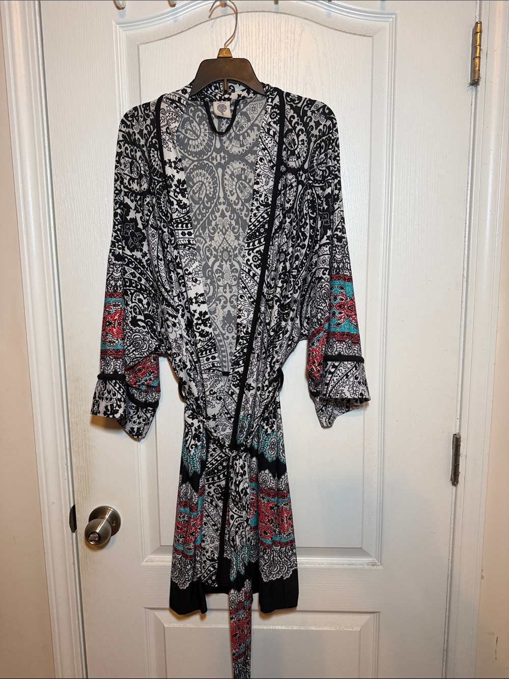 Printed Women's Robe - Black, White & Teal Accent